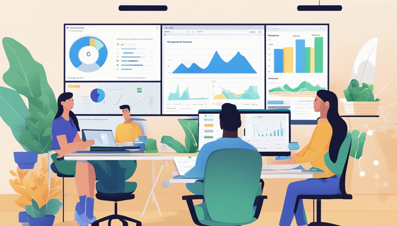 A group of customer support representatives are comparing features and resources between MailerLite and Mailchimp, with charts and graphs displayed on a large screen