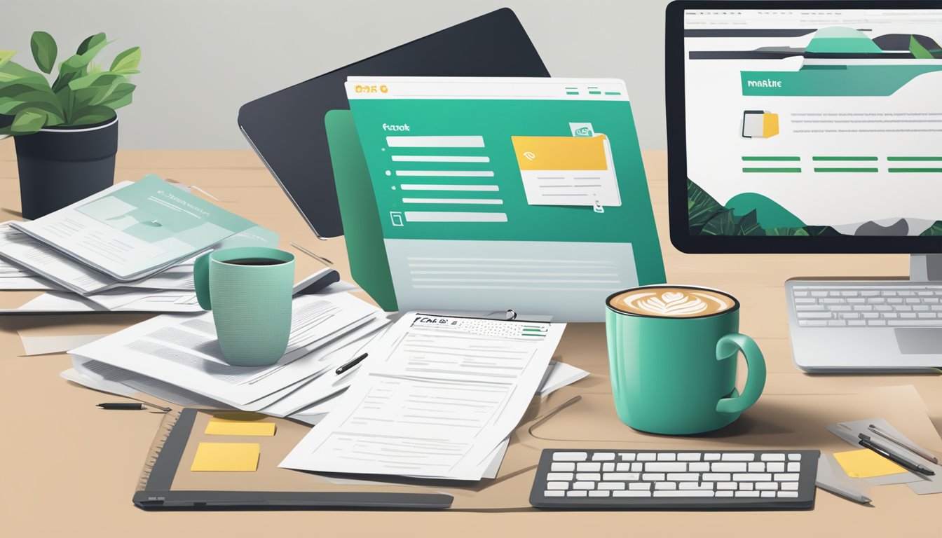 A stack of FAQ sheets for MailerLite and Mailchimp with logos, surrounded by open laptops and coffee mugs on a desk